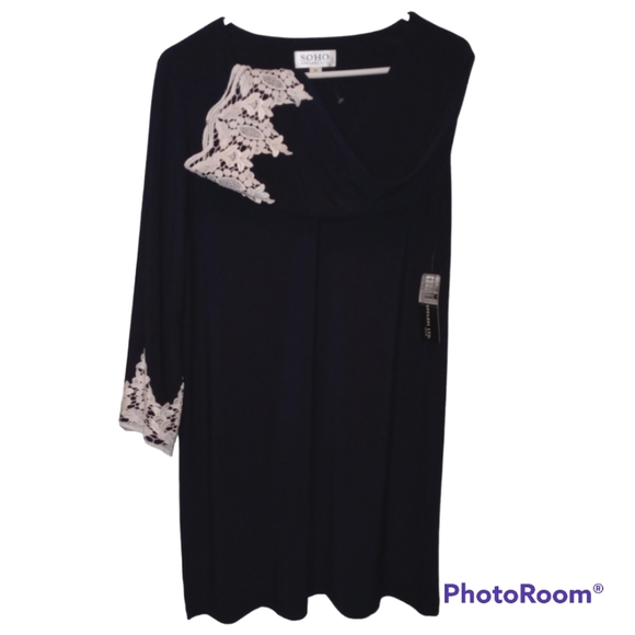Navy Blue SOHO Dress, with battenburg lace bell sleeves. PL 12/14 - Picture 4 of 6